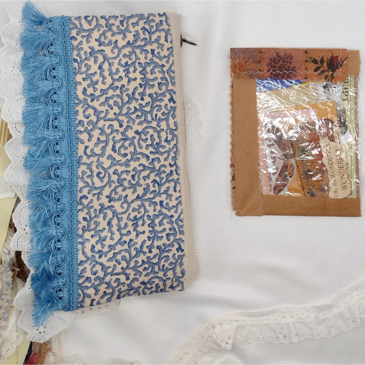 Blue and White Junk Journal, Handmade Journal, Embellished Junk Journal