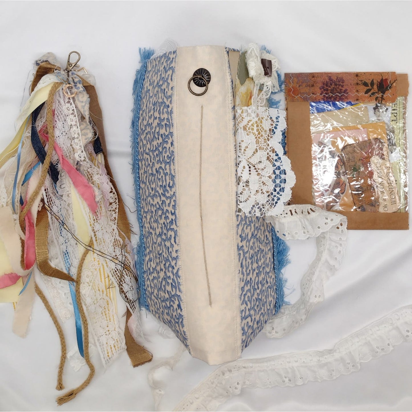 Blue and White Junk Journal, Handmade Journal, Embellished Junk Journal