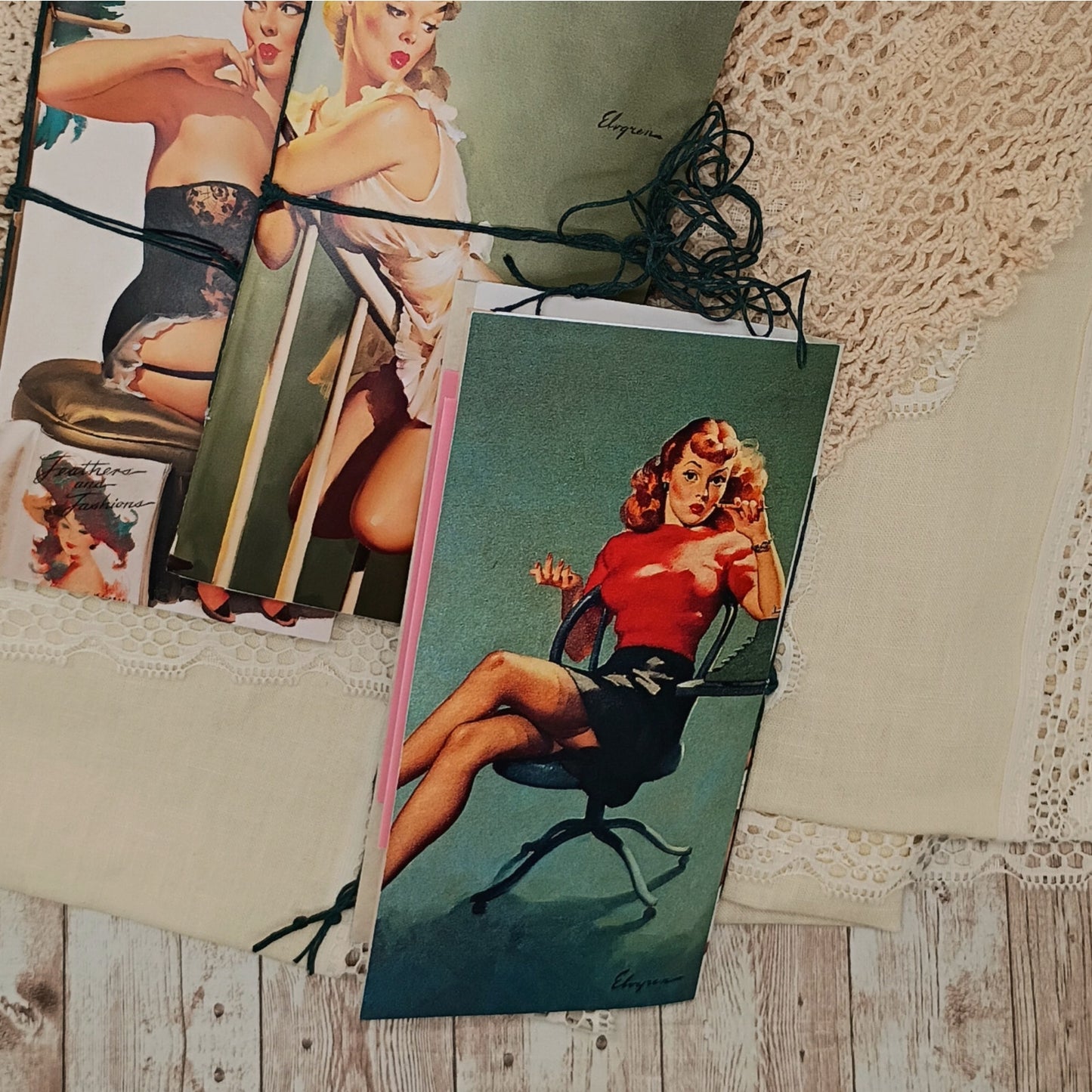 Green Traveler's Notebook Inserts, 3 Vintage Pin-up Girl Handmade Notebooks