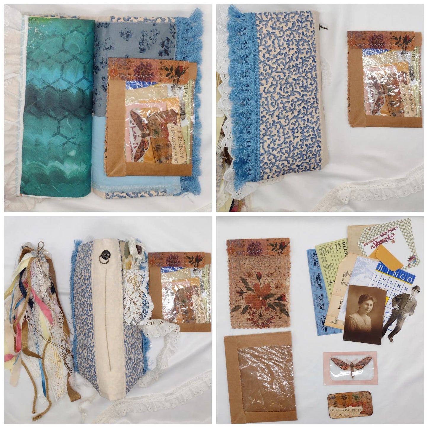 Blue and White Junk Journal, Handmade Journal, Embellished Junk Journal