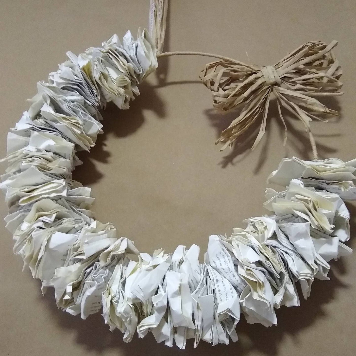 Book Page Wreath with Craft Paper Raffia and Cream Lace
