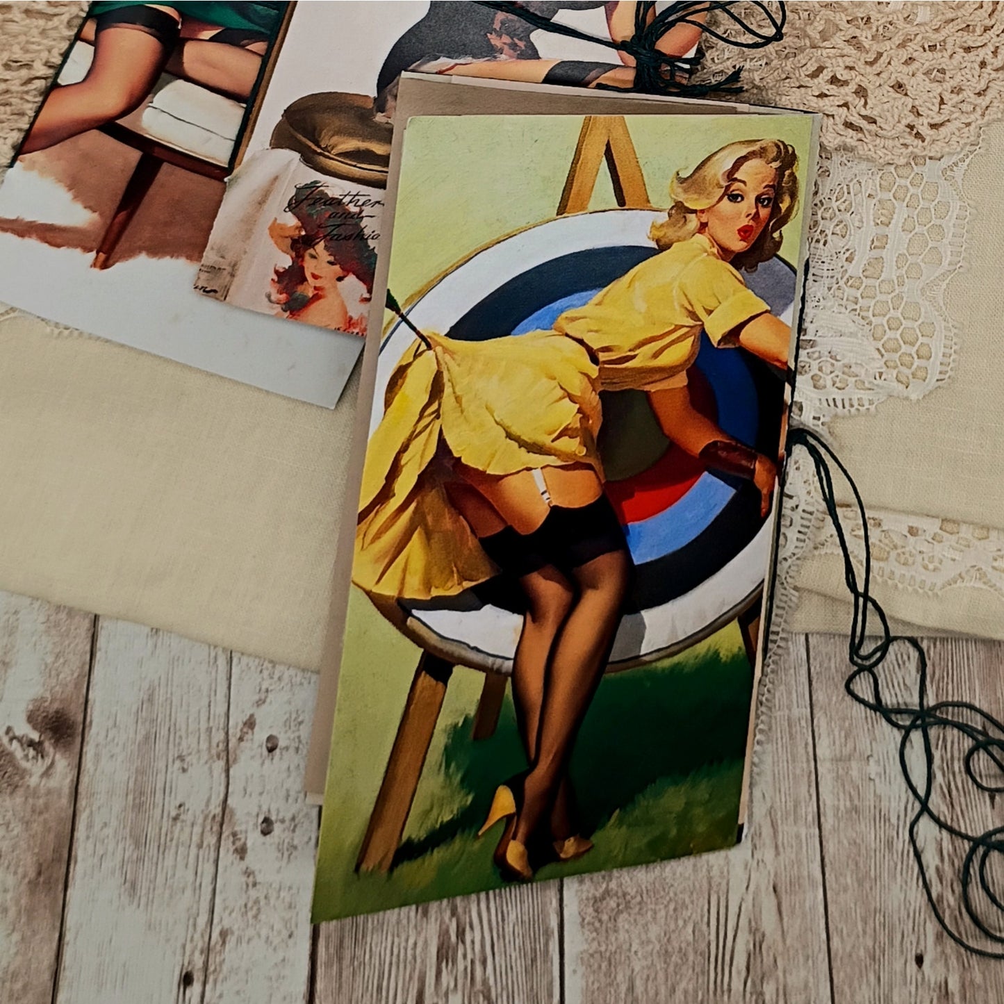 Green Traveler's Notebook Inserts, 3 Vintage Pin-up Girl Handmade Notebooks
