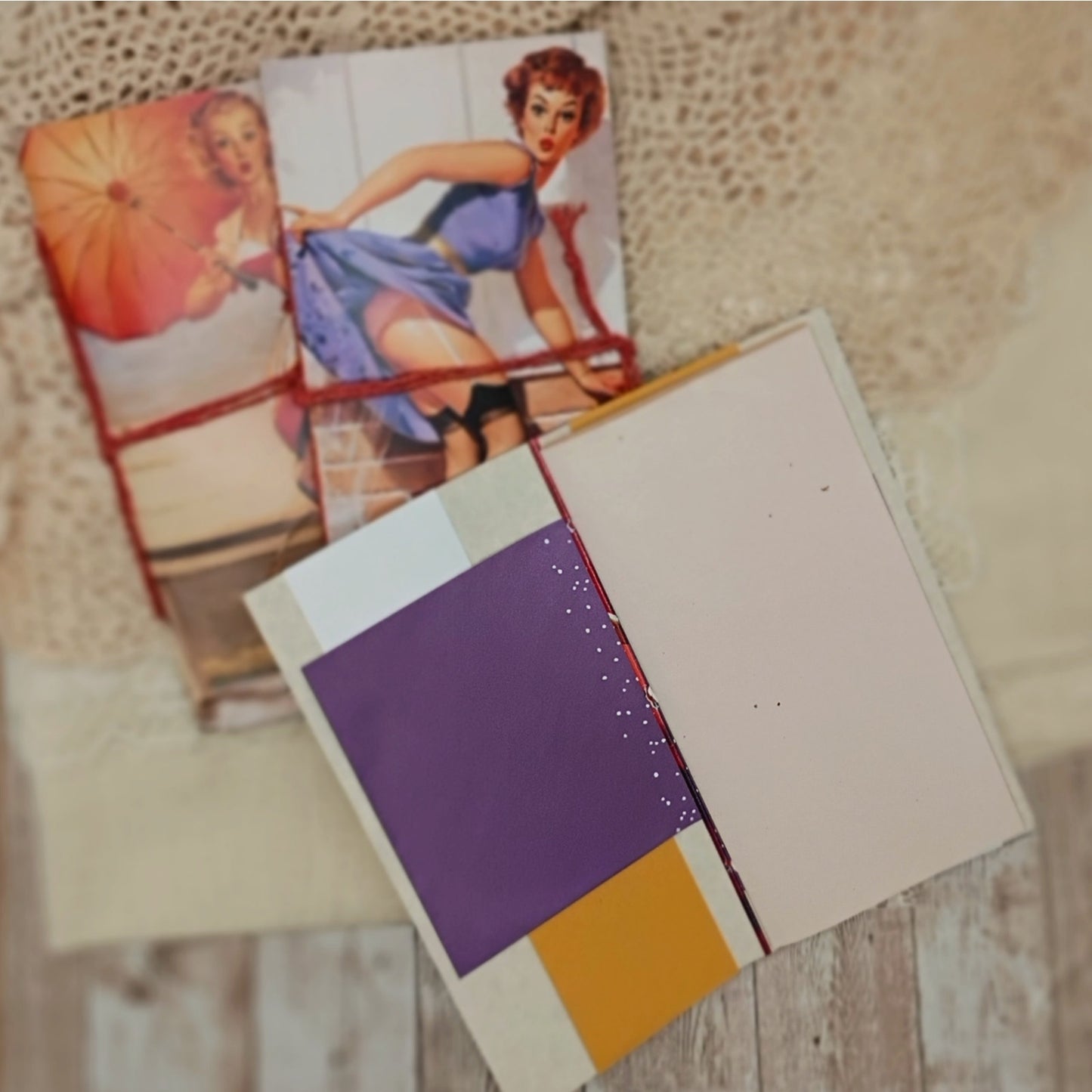 Orange Traveler's Notebook Inserts, 3 Vintage Pin-up Girl Handmade Notebooks