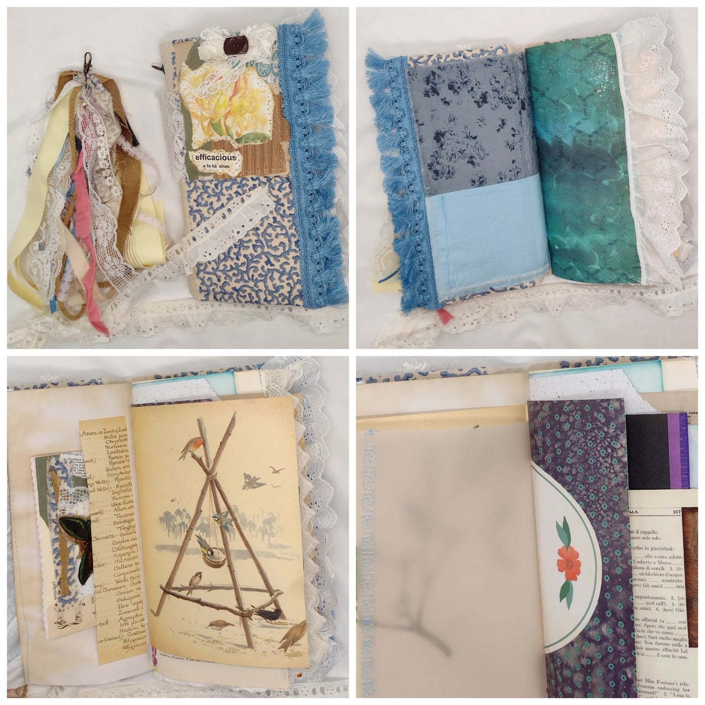 Blue and White Junk Journal, Handmade Journal, Embellished Junk Journal