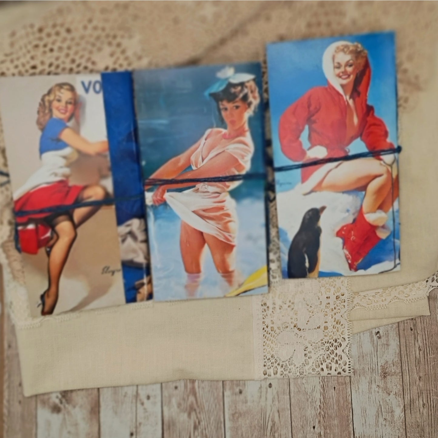 Blue Traveler's Notebook Inserts, 3 Vintage Pin-up Girl Handmade Notebooks