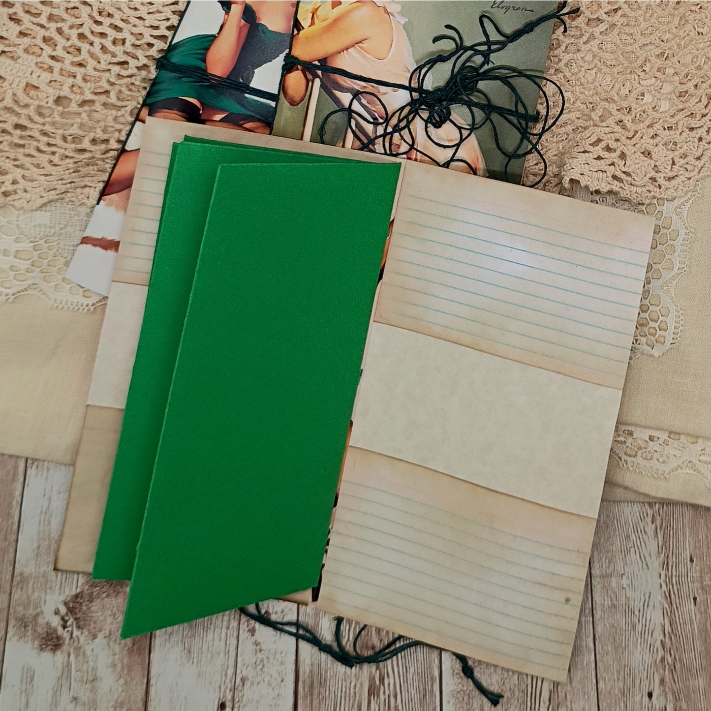 Green Traveler's Notebook Inserts, 3 Vintage Pin-up Girl Handmade Notebooks
