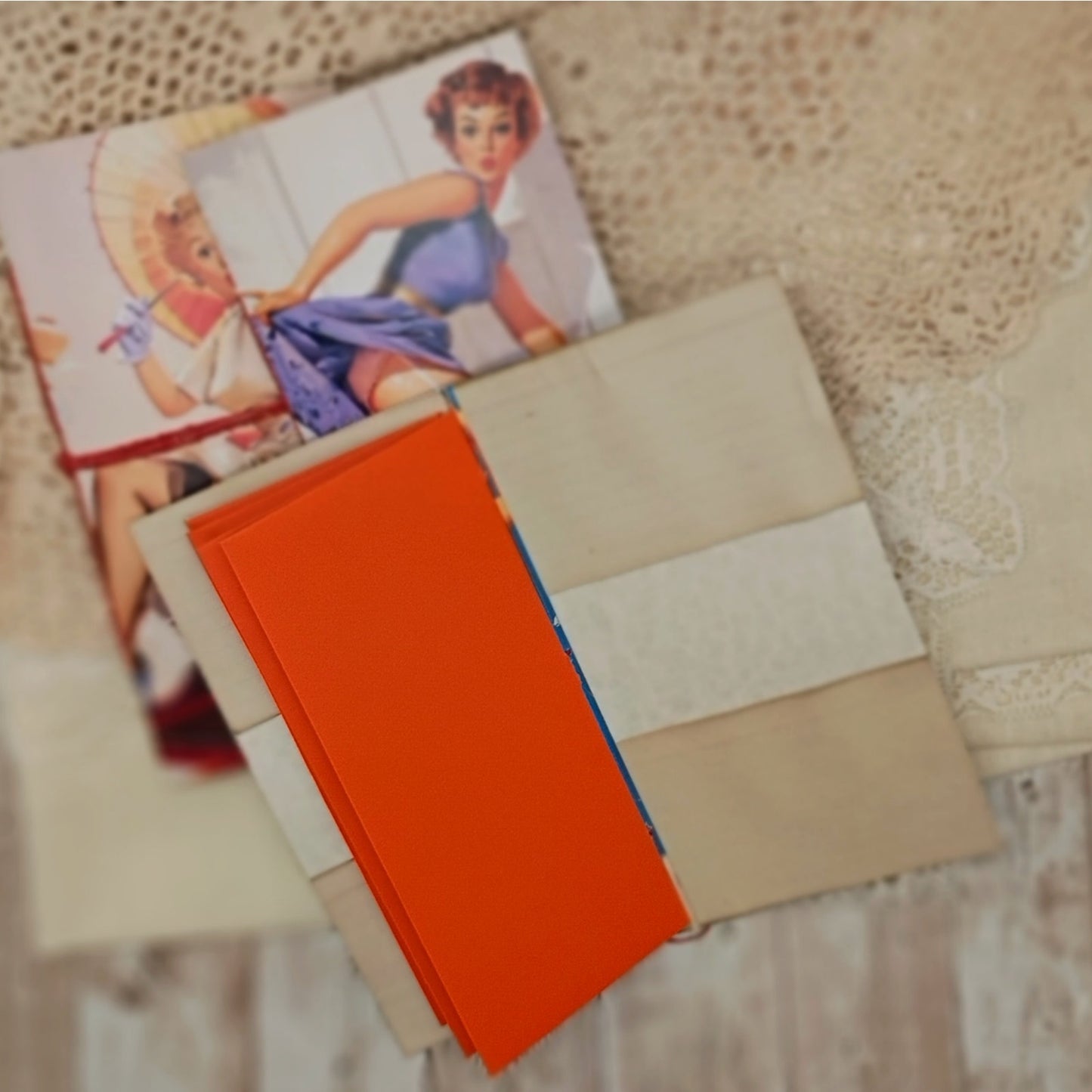 Orange Traveler's Notebook Inserts, 3 Vintage Pin-up Girl Handmade Notebooks
