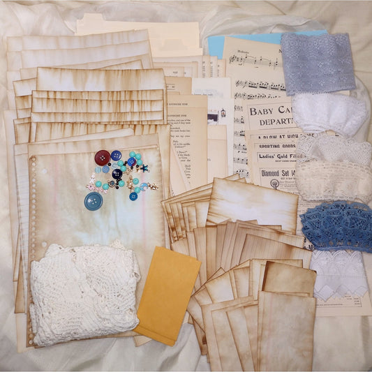 Tea Dyed Blue Junk Journal Bundle, Craft Supply Pack, Paper Crafting Kit, Mixed Media Lot