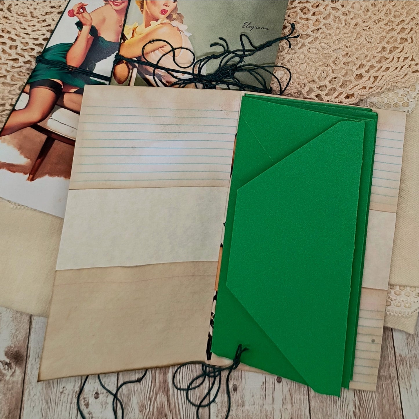 Green Traveler's Notebook Inserts, 3 Vintage Pin-up Girl Handmade Notebooks