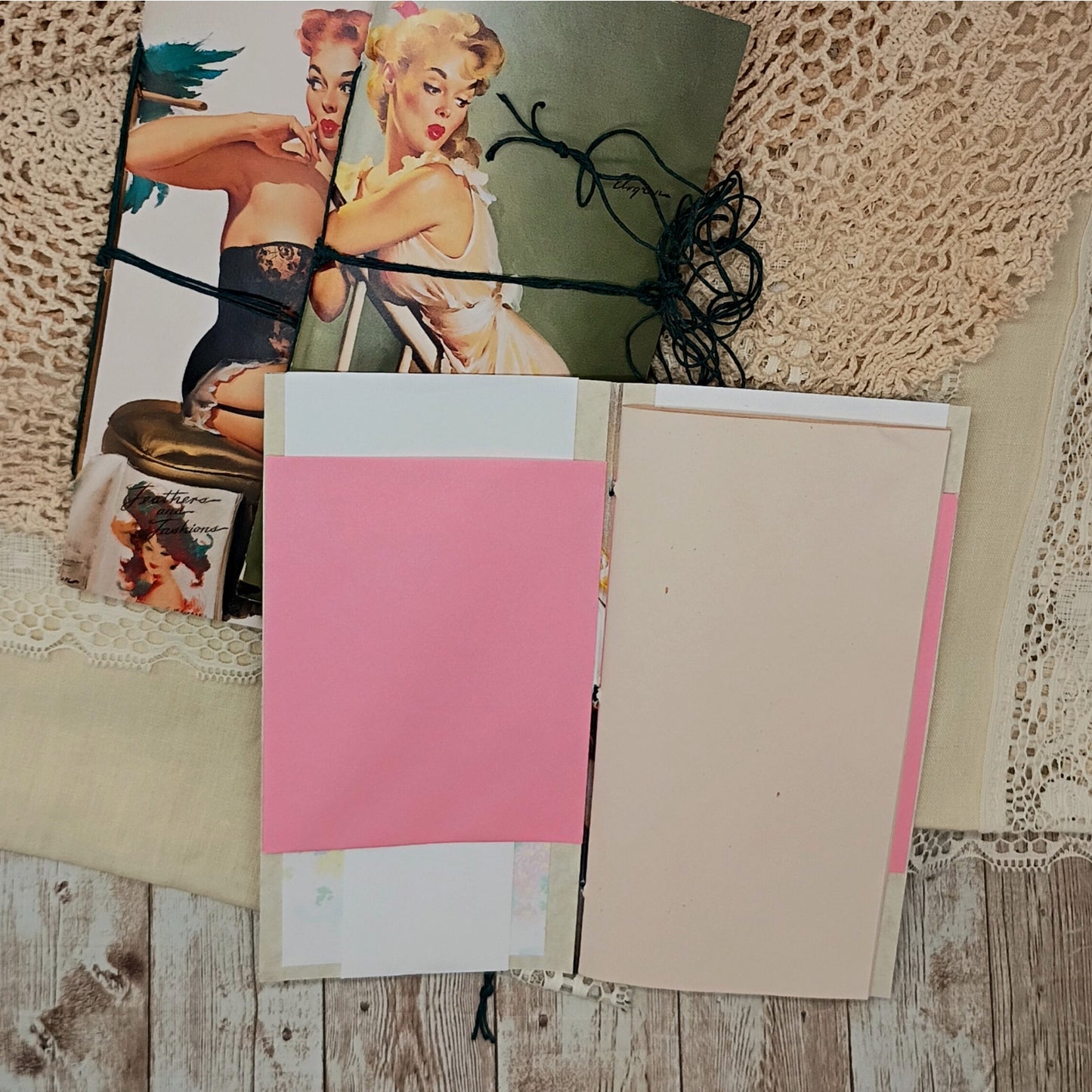 Green Traveler's Notebook Inserts, 3 Vintage Pin-up Girl Handmade Notebooks