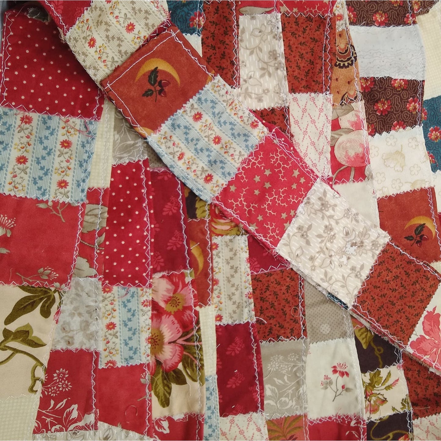 Fabric Snippet Roll, Red and Brown Sewn Fabric Roll, Sewn Snippet Roll