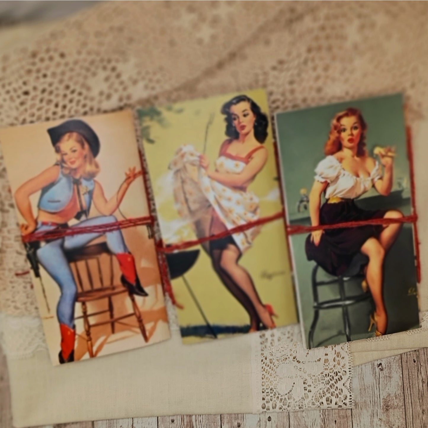 Orange Traveler's Notebook Inserts, 3 Vintage Pin-up Girl Handmade Notebooks