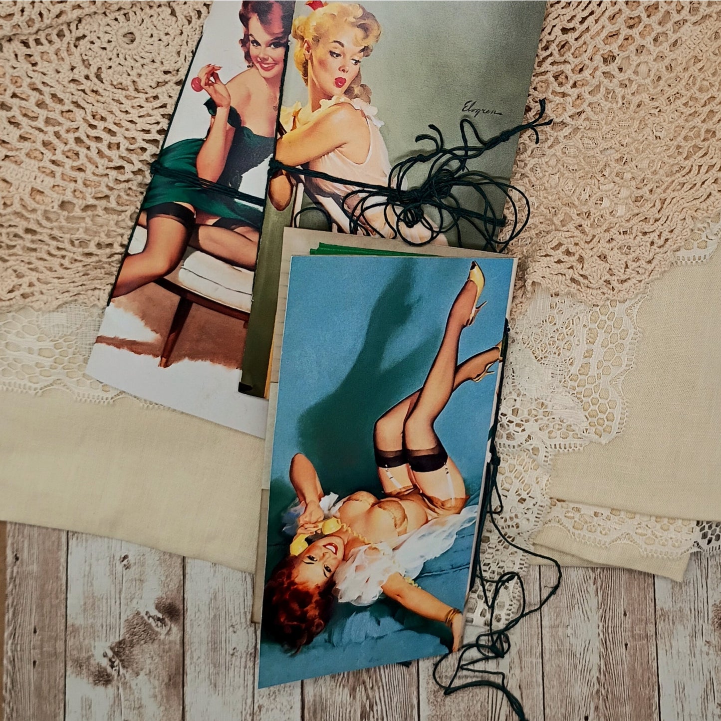 Green Traveler's Notebook Inserts, 3 Vintage Pin-up Girl Handmade Notebooks