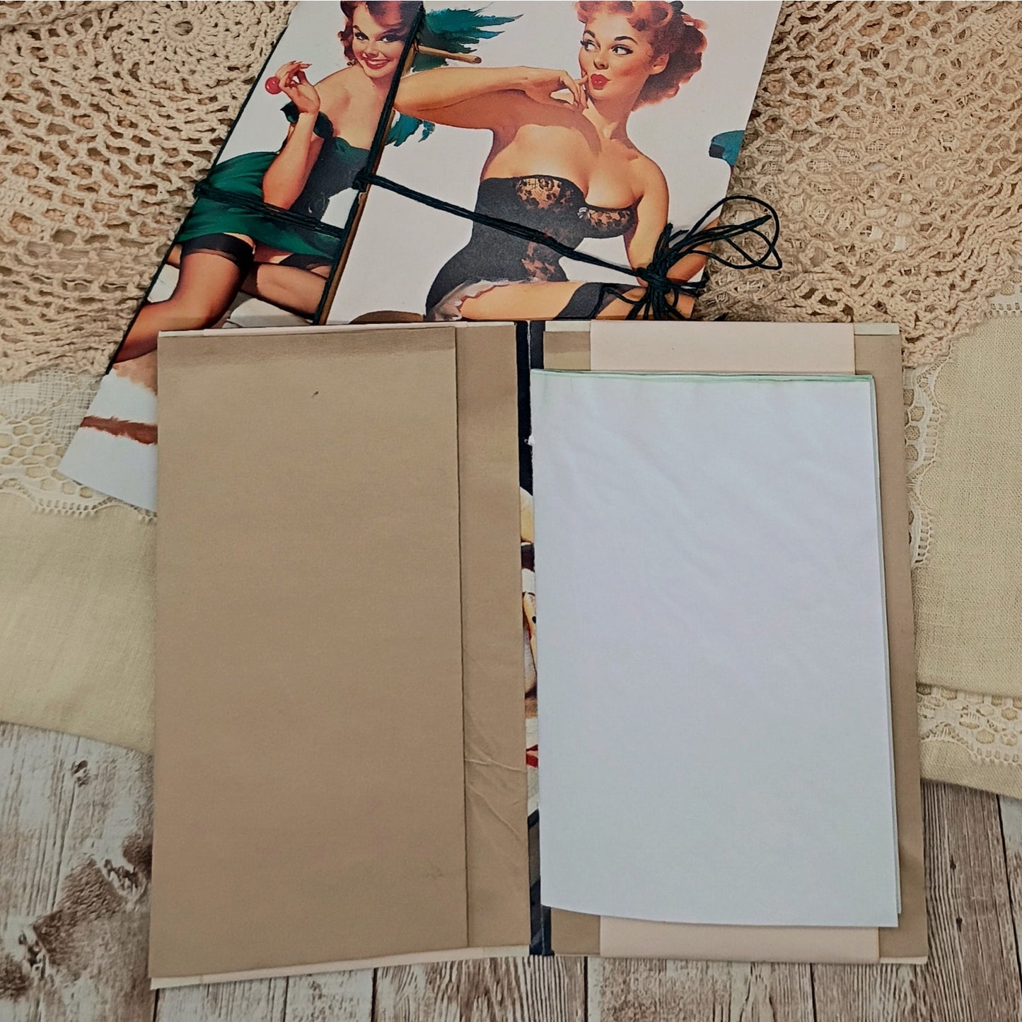 Green Traveler's Notebook Inserts, 3 Vintage Pin-up Girl Handmade Notebooks