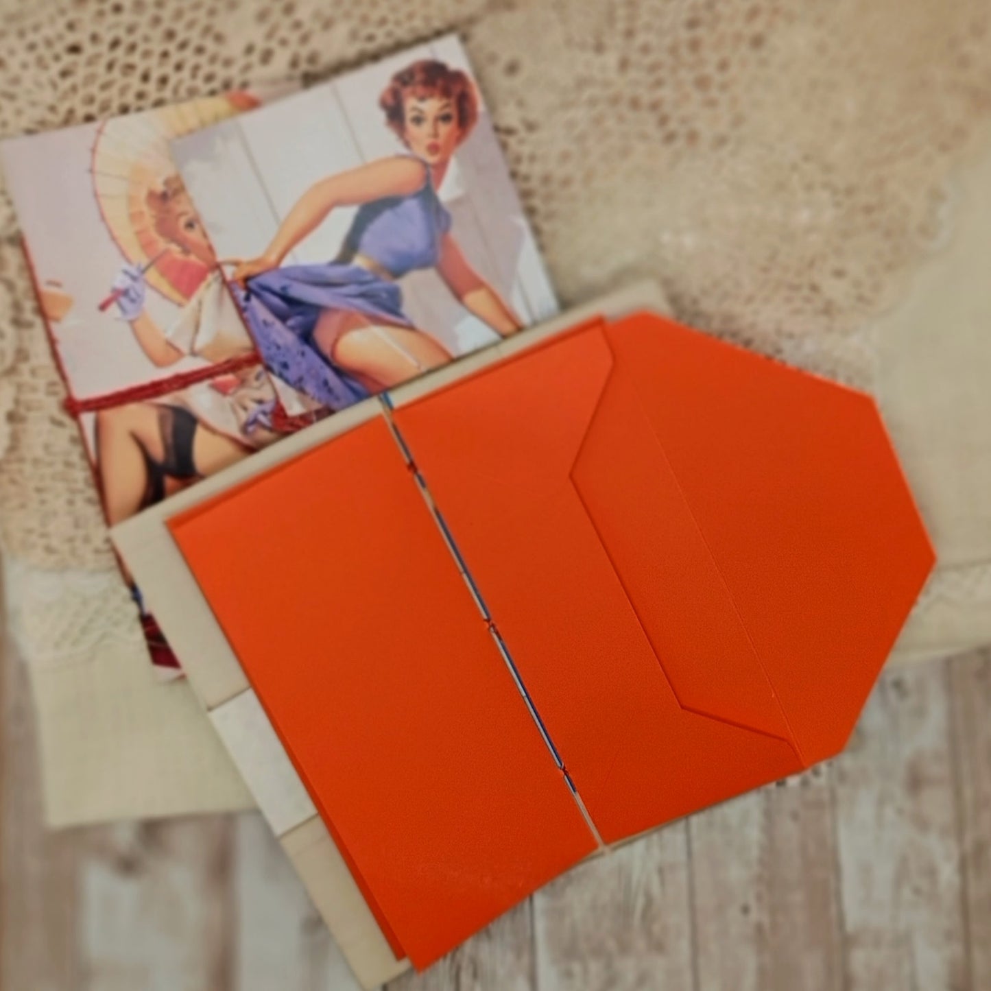 Orange Traveler's Notebook Inserts, 3 Vintage Pin-up Girl Handmade Notebooks
