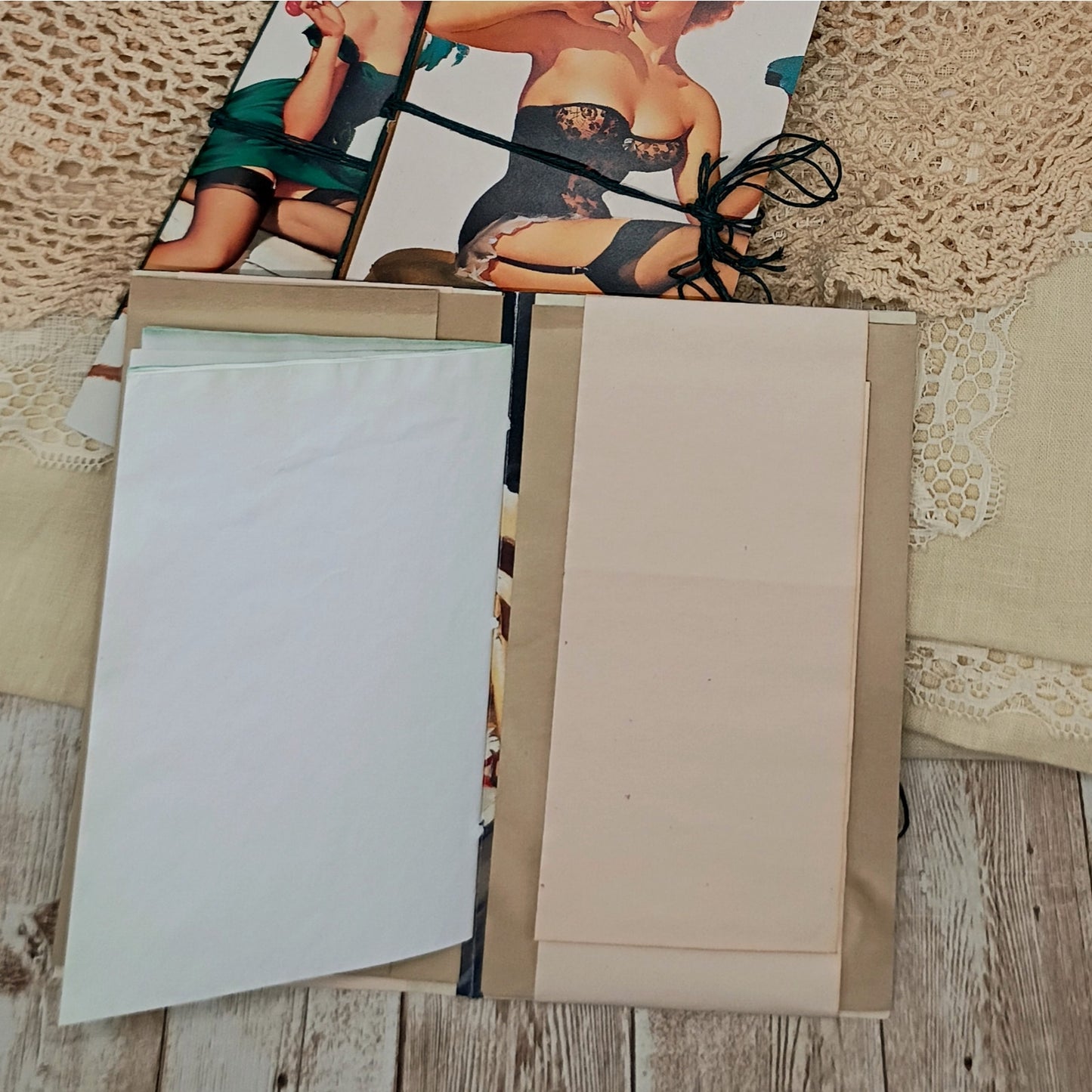 Green Traveler's Notebook Inserts, 3 Vintage Pin-up Girl Handmade Notebooks