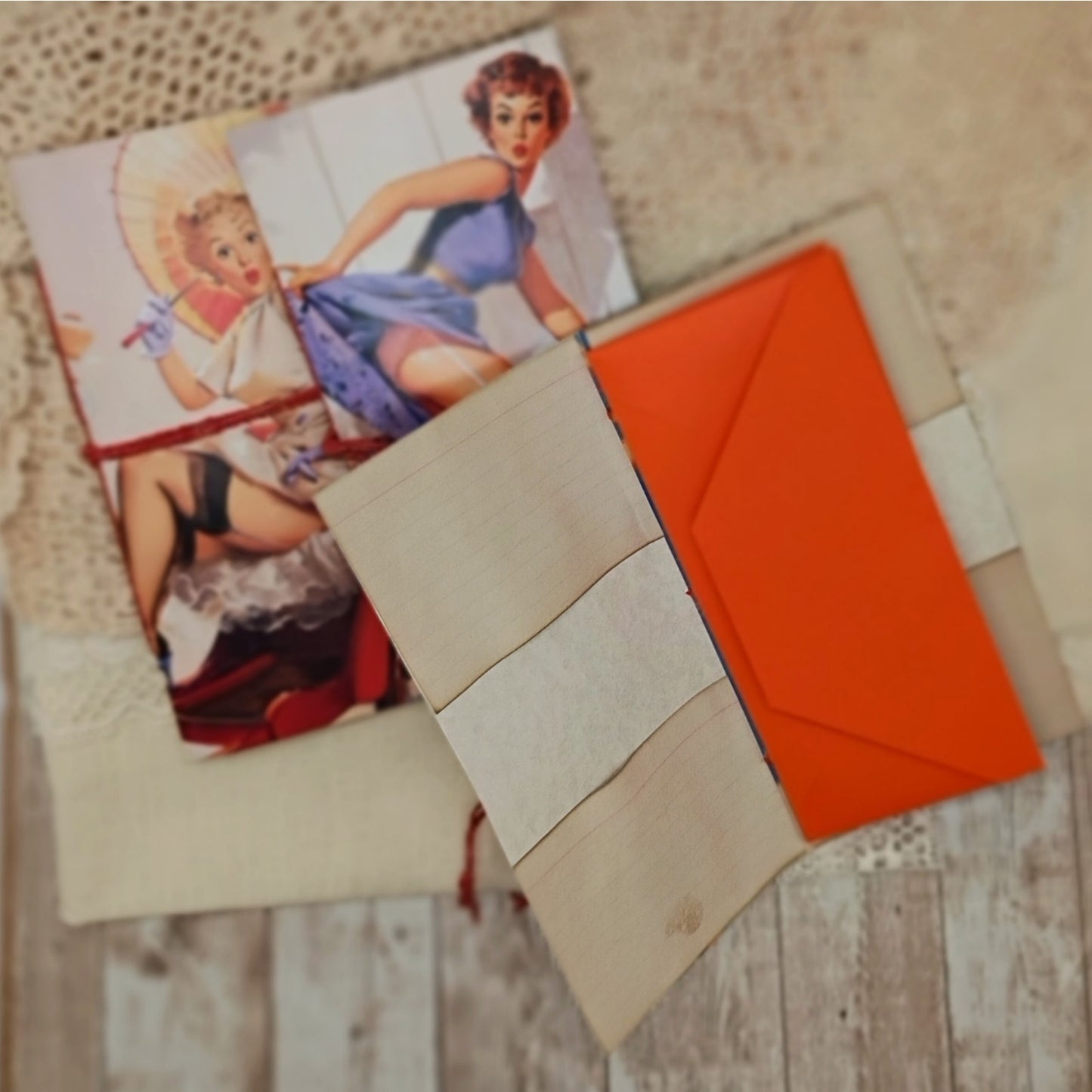 Orange Traveler's Notebook Inserts, 3 Vintage Pin-up Girl Handmade Notebooks