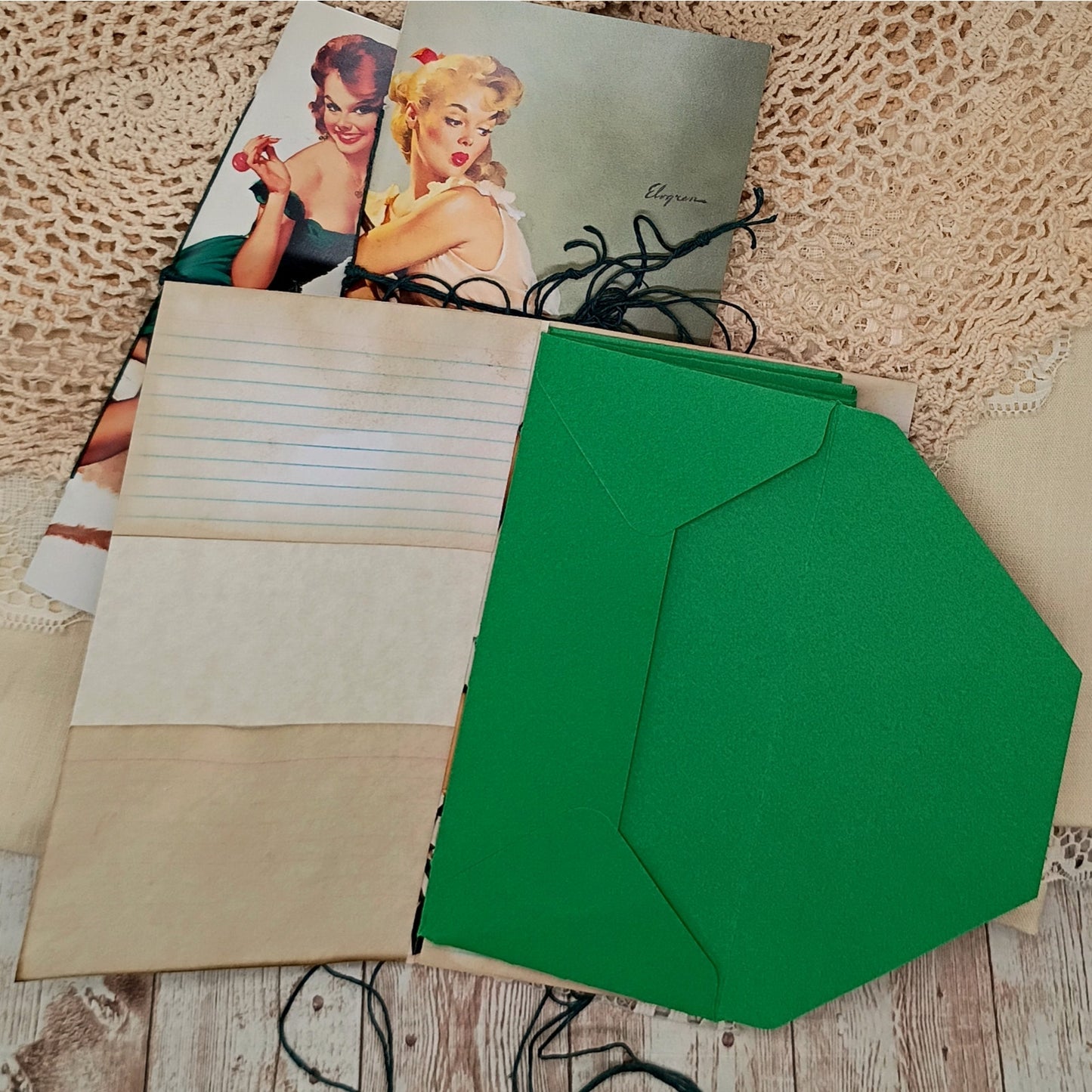 Green Traveler's Notebook Inserts, 3 Vintage Pin-up Girl Handmade Notebooks
