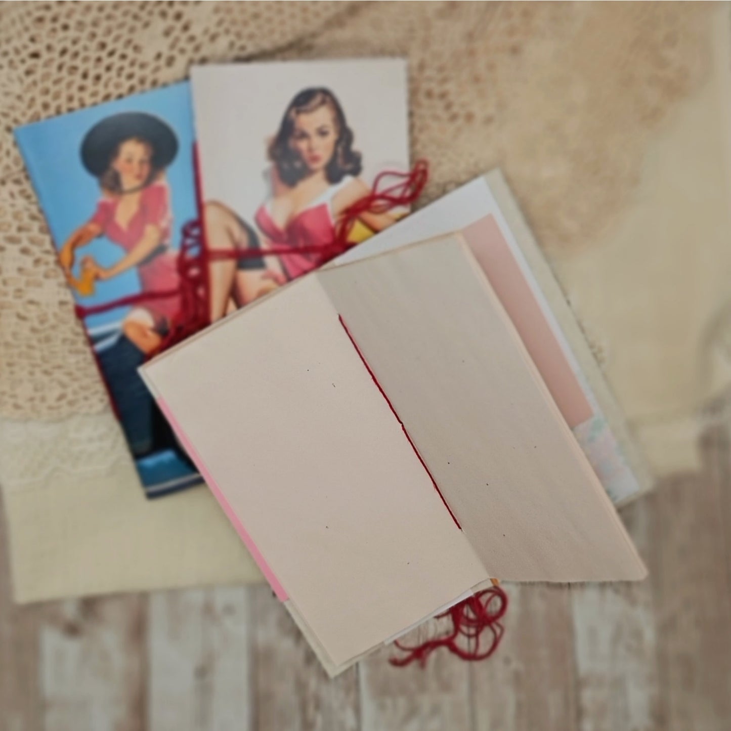 Red Traveler's Notebook Inserts, 3 Vintage Pin-up Girl Handmade Notebooks