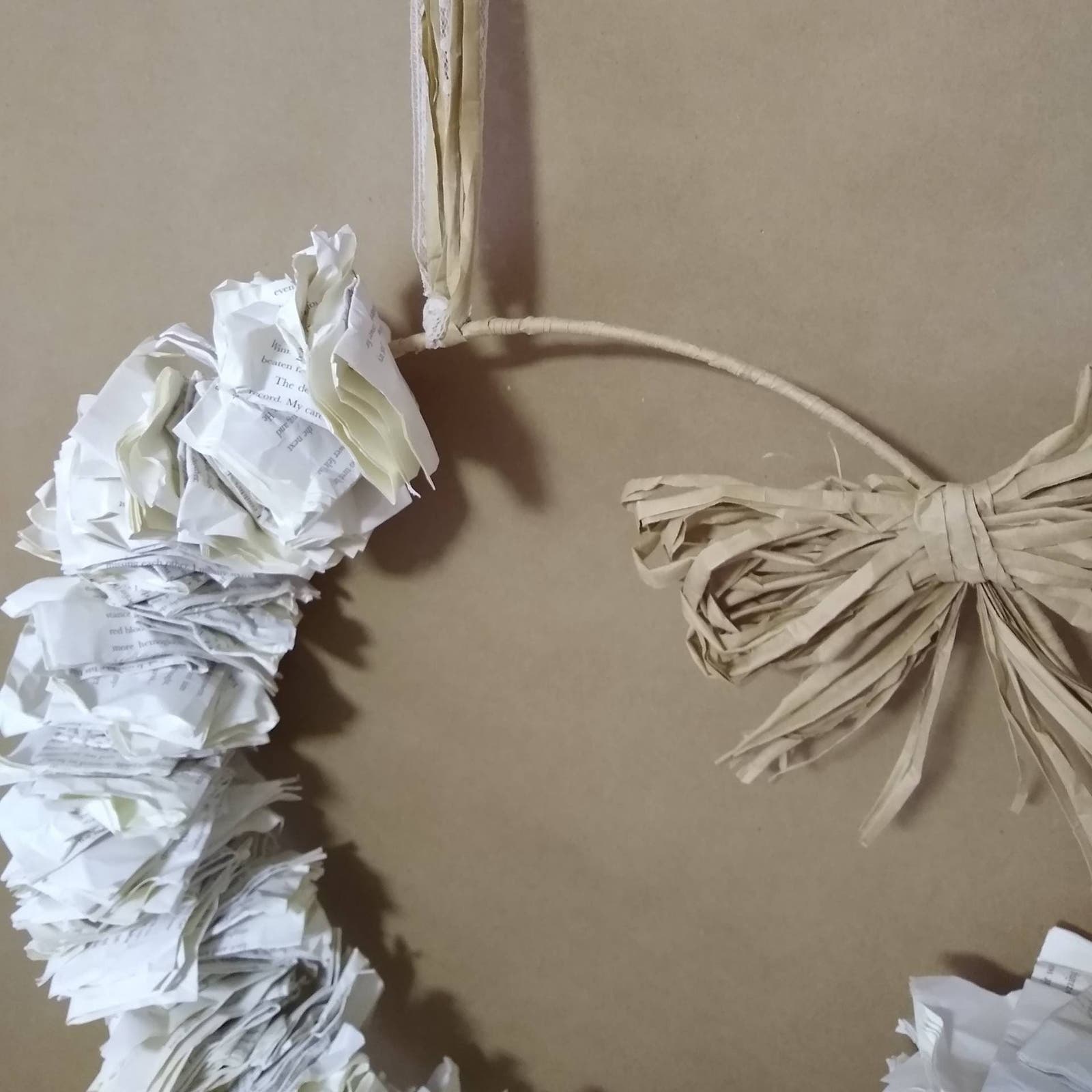 Book Page outlets Wreath with Craft Paper Raffia and Cream Lace