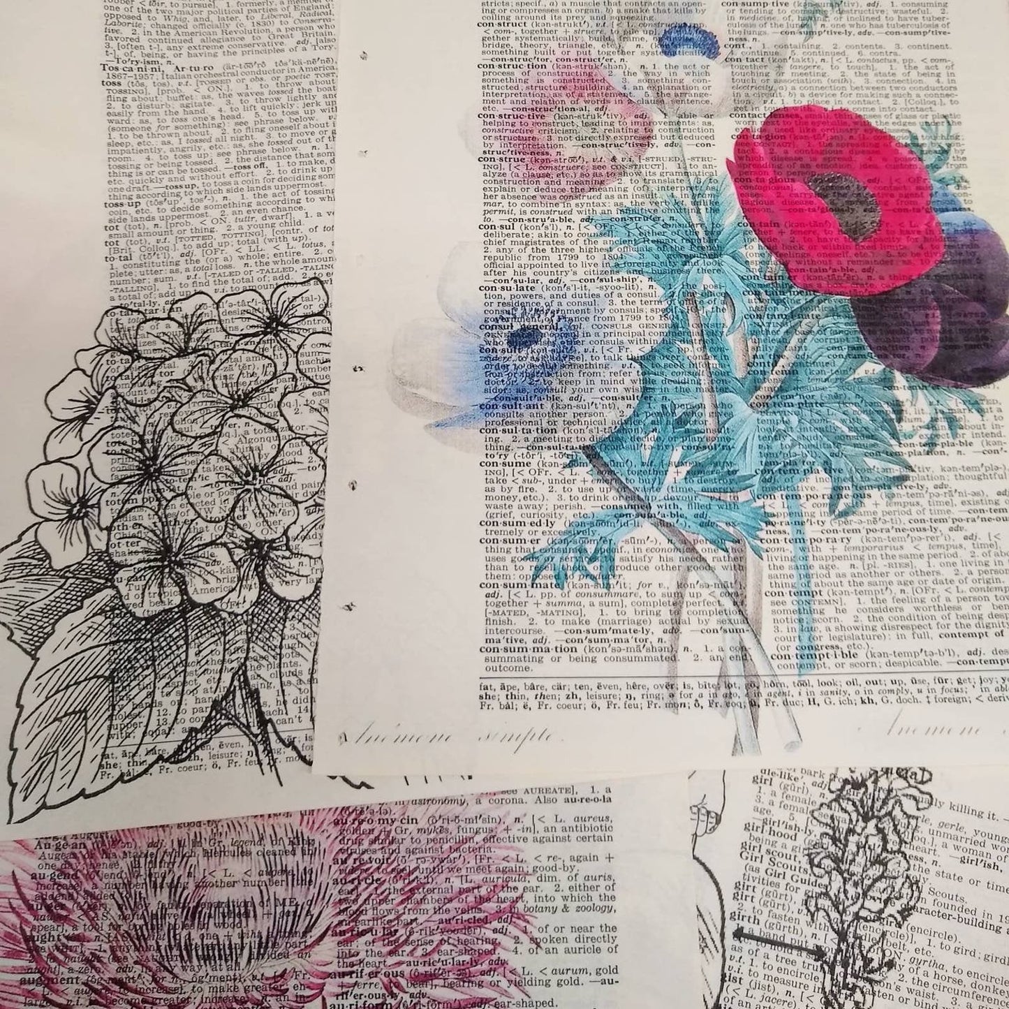 Flower Vintage Dictionary Prints, Colorful Floral Prints, Book Page Prints