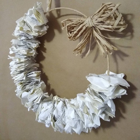 Book Page Wreath with Craft Paper Raffia and Cream Lace