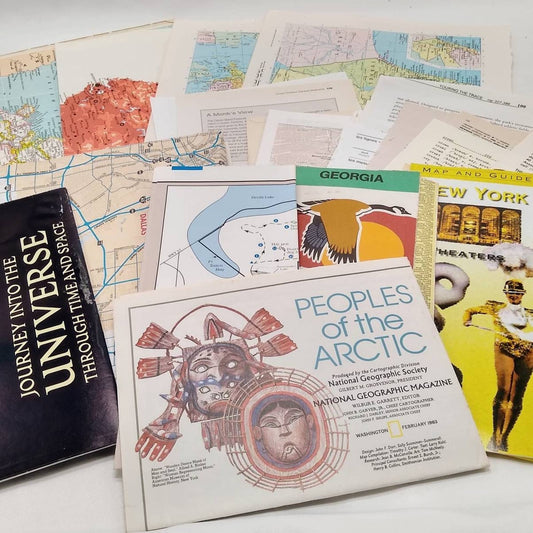 Travel Book Pages, Maps and Guide Book Page Bundle, Language Dictionary Papers, Vintage Book Pages, Assorted Book and Map Papers