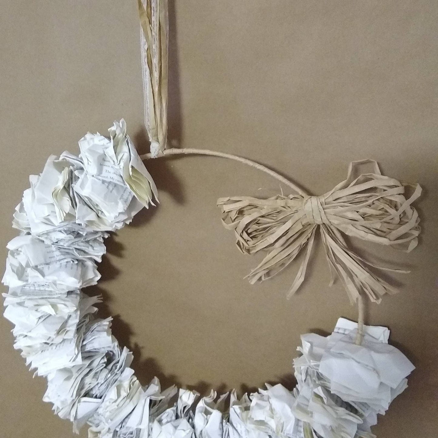Book Page Wreath with Craft Paper Raffia and Cream Lace